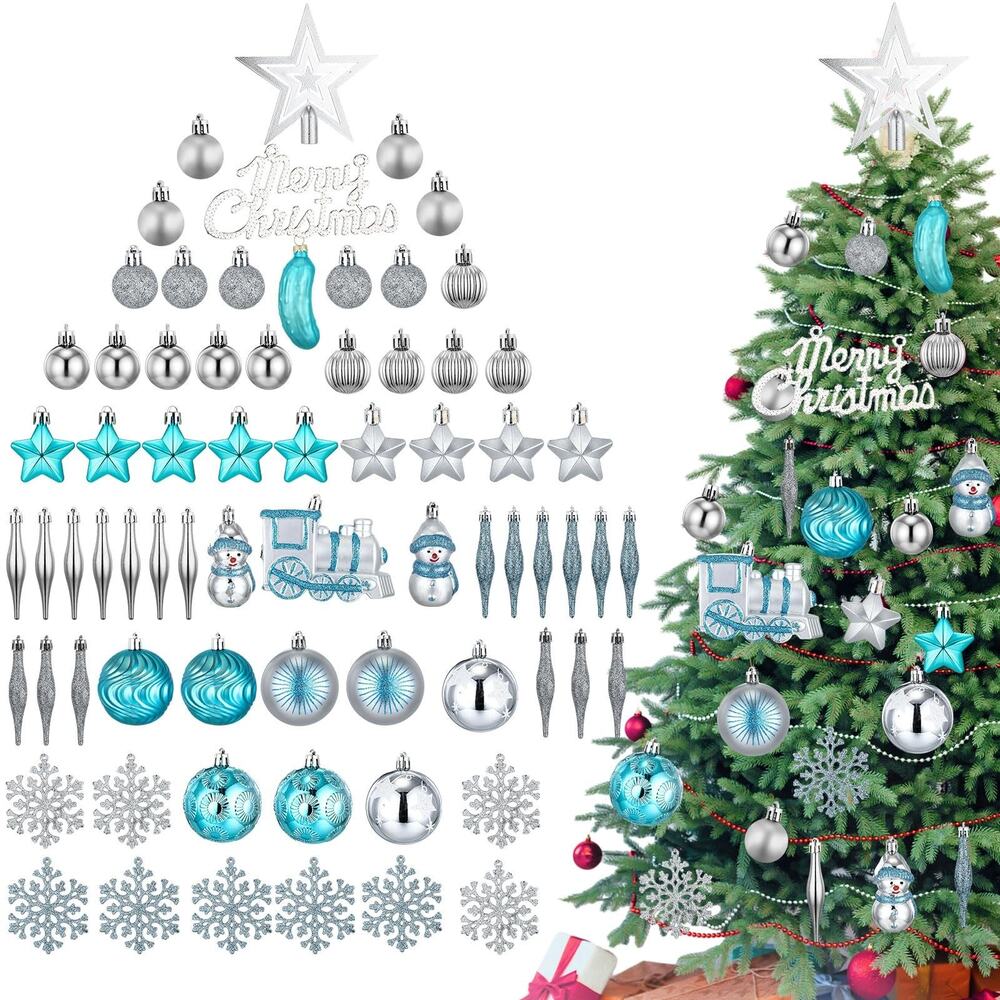 CANLIER 73 Pc Christmas Ornaments Set Silver Teal Blue Balls Stars Snowflakes